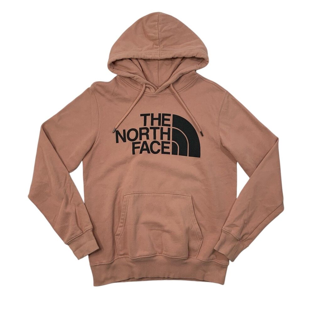 The North Face Sweatshirt Mens Small Salmon Pink Fleece Lined Logo Front Hoodie